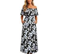 Zeiayuas Women's Off the Shoulder Maxi Dress Floral Print Ruffle A Line Flowy Beach Vacation Dresses Strapless Bandeau Summer Spring Casual Boho Long Sundress with Pockets