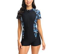 Zeiayuas Women's One Piece Boyleg Swimming Costume Athletic Swimsuits Sports Surfing Swimwear Front Zipper Built-in Bra Bathing Suits Short Sleeve Rash Guard Swimsuit Clearance