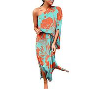 Zeiayuas Womens One Shoulder Maxi Dresses Summer Boho Beach Dress Floral Print Loose Fit Tunic Dresses Cascading Frilly Bohemian Flowy Party Elegant Sundress Ladies Sale Clearance