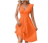 Zeiayuas Womens Orange Floral Print Boho Midi Dress with Ruffle Sleeves, Lace, V-Neck, High Waist, Drawstring, Adult Women's Casual, Business, Evening, Ceremony Dress