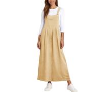 Zeiayuas Women's Pinafore Vintage Classic Suspender Maxi Skirts Adjustable Strap A Line Pleated Long Overall Dungarees Dress with Pockets Ladies Baggy Jumpsuits Beige