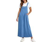 Zeiayuas Women's Pinafore Vintage Classic Suspender Maxi Skirts Adjustable Strap A Line Pleated Long Overall Dungarees Dress with Pockets Ladies Baggy Jumpsuits Blue
