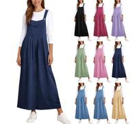 Zeiayuas Women's Pinafore Vintage Classic Suspender Maxi Skirts Adjustable Strap A Line Pleated Long Overall Dungarees Dress with Pockets Ladies Baggy Jumpsuits Navy