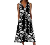 Zeiayuas Women's Plus Size Floral Print Midi Dress with Pockets Spring-Summer 18 Multicolor XL V-Neck Sleeveless High Waist A-Line Loose Fit Casual Beach Holiday Dress