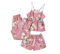 Zeiayuas Womens Pyjama Sets Vintage 3 Piece Satin Pjs Sexy Cami Vest + Loose Shorts + Trousers Elegant Floral Print Silk Pajama Set Nightwear Ladies Brides Wedding Party Pyjamas