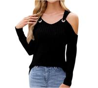 Zeiayuas Women's Ribbed Knit Tops Sexy Cold Shoulder Long Sweaters Cute Wrap Long Sleeve Slim Pullover Jumper Ladies Soft Cosy Elegant Tunics Cami Tops Black