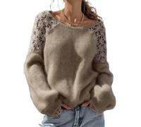 Zeiayuas Womens Round Neck Lace Trim Sweater - Long Sleeve Knit Pullover | Solid Color with Lace Detail, Off Shoulder Knit Jumper, Lace Trim Sweater for Party Daily Going Out, Elegant Fluffy Jumpers