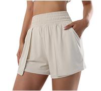 Zeiayuas Women's Running Shorts with Liner Elastic High Waisted Athletic Workout Gym Shorts Fitness Sports Casual Loose Breathable Quick Dried Yoga Shorts Beige