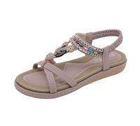 Zeiayuas Womens Sandal Crystal Sparkling Shine Wedge Heel Shoes Diamante T-bar Beads Elastic Slingback Sandals Ladies Gladiator Summer Sandals Open Toe Flats Bohemian Rhinestone Roman Sandals