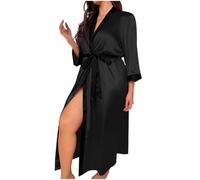 Zeiayuas Women's Satin Bathrobe Oblique V-Neck Long Kimono Robe Bridesmaids Robe Plus Size Silk Dressing Gown Maxi Nightdress Ladies Sexy Lingerie Nightgown Soft Sleepwear Nightwear UK Black