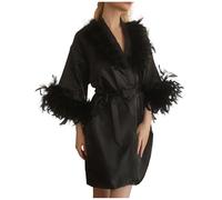 Zeiayuas Women's Satin Dressing Gowns Long Ladies Kimono Morning Robes Silk Feather Trim Dressing Gown Bride and Bridesmaid Soft Wedding Party Bathrobe 3/4 Sleeve V Neck Sleepwear with Belt Black