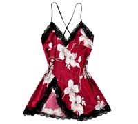 Zeiayuas Women's Satin Nighties Silk Nightdress Spaghetti Strap Full Slip Chemises Soft Floral Sleepwear Sexy Negligee Mini Nightdress Spaghetti Strap Backless Chemises