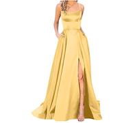 Zeiayuas Women's Satin Prom Dresses Long Ball Gown with Slit Backless Spaghetti Straps Formal Evening Dress Bridesmaid Wedding Guest Outfit Elegant Sleeveless Maxi Dress Yellow