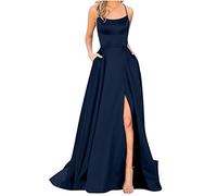 Zeiayuas Women's Satin Prom Dresses Long Ball Gown with Slit Backless Spaghetti Straps Formal Evening Dress Bridesmaid Wedding Guest Outfit Elegant Sleeveless Maxi Dress Navy
