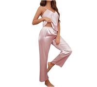 Zeiayuas Women's Satin Pyjamas Set UK 2 Piece Set V Neck Cami Vest + Comfortable Breathable Trousers Cami Sleepwear Summer Pajama Set Sling Sleeveless Tank Tops Loungewear Pink