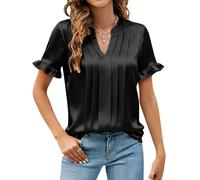 Zeiayuas Women's Satin Shirt V Neck Short Sleeve Blouses Elegant Office Work Shirts Casual Going Out Tops Ladies Pleated Front Ruffle Sleeve Soft Solid Color Silk Shirt Evening Party Top