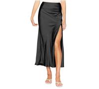 Zeiayuas Women's Satin Skirt High Waist Ruffle Hidden Summer Flared Silky Flowy Long A-Line Midi Skirts Satin High Split Maxi Skirt Ladies Elegant Office Work Formal Skirts Black