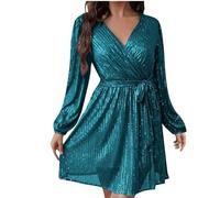 Zeiayuas Women's Sequin Dress Sparkly Glitter Lantern Sleeve V Neck Bodycon Dress Sparkle Party Disco Club Dress Ladies Plus Size Formal Cocktail Clubwear Casual Evening Mini Dresses