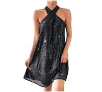 Zeiayuas Women's Sequin Mini Dress Halter Neck Sexy Clubwear Sleeveless Lingerie Dress Backless Spaghetti Strap Clubbing Dress Sequined Cocktail Dress Loose Fit Nightclub Party Dresses Black
