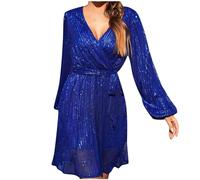 Zeiayuas Women's Sequin Sparkly Glitter Lantern Sleeve V Neck Bodycon Dress - Sparkle Party Disco Club Plus Size Formal Cocktail Clubwear Casual Evening Mini Blue