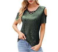 Zeiayuas Womens Sequin Tops UK Sale Clearance Cross V-Neck Cold Shoulder Top Ladies Going Out Tops Glitter Evening Top Tunic Sparkle Short Sleeve Dressy Blouse for Club Party Green