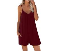 Zeiayuas Womens Short Jumpsuits Wide Leg Jumpsuit Spaghetti Straps Summer Romper Pockets Loose Fit Dungarees Playsuits V Neck All in One Playsuit Onesies Solid Color Shorts Pants for Ladies Wine