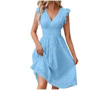 Zeiayuas Womens Sky Blue Floral Print Boho A-Line Midi Dress with Ruffle, Lace, Hollow Out, Tiered, Empire Waist, Drawstring V Neck, Sleeveless, Adult Women's Casual Elegant Dress