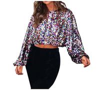Zeiayuas Women's Sparkly Crop Top Long Sleeve Party Sequin Plus Size Lantern Sleeve Short Ladies Elegant Shiny Glitter Tunic Rainbow Color Sparkling Blouse Clubwear