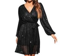 Zeiayuas Women's Sparkly Glitter Lantern Sleeve V Neck Bodycon Dress - Plus Size Formal Cocktail Clubwear Casual Evening Mini Dress Black