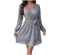 Zeiayuas Women's Sparkly Glitter Lantern Sleeve V Neck Bodycon Dress: Sparkle Party Casual Evening Mini Dress with Sparkle for nights out • Plus Size Formal & Cocktail • Silver sequin