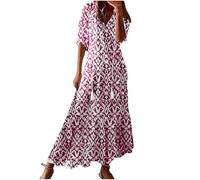 Zeiayuas Women's Summer Boho Dress V Neck Bohemian Maxi Dresses Casual Half Sleeve Long Dress Beach Holiday Swing Dress Ladies Flowy Loose Fit Vintage Pleated Dresses for Party Evening Hot Pink