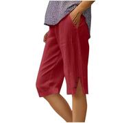 Zeiayuas Womens Summer Cotton Linen Shorts UK Elastic Waist Knee Length Shorts Loose Casual Lounge Hot Pants Side Split Button Straight Leg Trousers with Pockets Solid Color Cargo Pant Beach Red