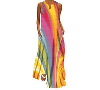 Zeiayuas Womens Summer Dresses Boho Beach Maxi Dress with Pockets Sleeveless V Neck Long Dress Elegant Party Sundress Vintage Floral Print Dress Sexy Holiday Office Work Dresses