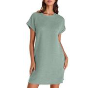Zeiayuas Womens Summer Midi Dress Short Sleeve Boho Beach Shift Dresses Elegant Summer Midi Dress Ladies Tunic Solid Color Loose Casual Pleated Sundress Office Work Smock Dresses Mint Green