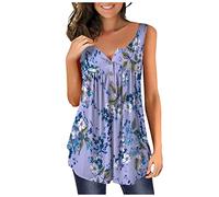 Zeiayuas Womens Summer Sleeveless Tunic UK Clearance V Neck Button Up Tank Tops Pleated Basic Henley Shirts Floral Print Loose Fit Vests Lagenlook Fashion Casual Blouse Plus Size 18