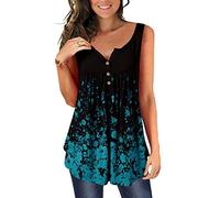 Zeiayuas Womens Summer Sleeveless Tunic UK Sale Clearance V Neck Button Up Tank Tops Pleated Basic Henley Shirts Floral Print Loose Fit Vests Lagenlook Fashion Casual Blouse Plus Size 18