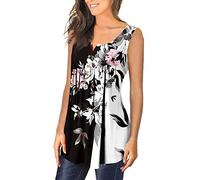 Zeiayuas Womens Summer Sleeveless Tunic UK Sale Clearance V Neck Button Up Tank Tops Pleated Basic Henley Shirts Floral Print Loose Fit Vests Lagenlook Fashion Casual Blouse Plus Size 18