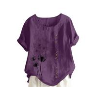 Zeiayuas Women's Summer Tops UK 2025 Sale Clearance Loose Casual Blouses Cotton Linen Shirts Boho Floral Print Top Short Sleeve Button T-Shirt Vintage Tunic Pullover Elegant T Shirts Large Size S-5XL