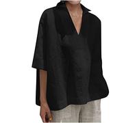 Zeiayuas Womens Tops 3/4 Length Sleeves Lapel V-Neck Cotton Linen Tops UK Casual Loose T Shirt Oversized Plain Summer Tunic Top Ladies Blouses Plus Size 8-22 Black