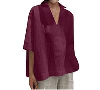 Zeiayuas Womens Tops 3/4 Length Sleeves Lapel V-Neck Cotton Linen Tops UK Casual Loose T Shirt Oversized Plain Summer Tunic Top Ladies Blouses Plus Size 8-22 Wine