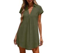 Zeiayuas Womens V Neck Short Sleeve Dress Cotton Linen Mini Dresses Casual Loose Beach Boho Sundress Ladies Summer Tunic A-Line Dresses Elegant Vintage Flowy Going Out Dress Army Green