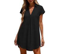 Zeiayuas Womens V Neck Short Sleeve Dress Cotton Linen Mini Dresses Casual Loose Beach Boho Sundress Ladies Summer Tunic A-Line Dresses Elegant Vintage Flowy Going Out Dress Black