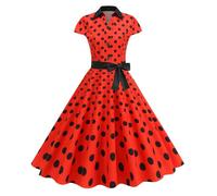 Zeiayuas Women's Vintage Red Polka Dot Print Swing Dress with Belt - High Collar, 3/4 Sleeve, A-Line, Retro, Collared Neck - Adult, Themed
