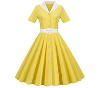 Zeiayuas Womens Vintage Rockabilly Dress 1950s A Line Swing Cocktail Party Dress Plain Button Short Sleeve Retro Dresses Swing Flowy Tea Dress Audrey Hepburn 50s 60s Dance Gown with Belted Yellow