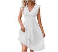 Zeiayuas Women's White Solid Sleeveless V-Neck Midi Dress - Size XL, Knee-Length, A-Line, Boho Elegant, Lace, Ruffle - Casual, Party, Work, Formal - Adult Women