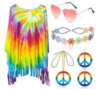 ZeiLaBang Kakadi 60s 70s Women's Costume, Hippie Costume Women's Set, Women's Poncho Set with Hippie Accessories, Hippie Dress, Disco Halloween Outfits, Hippie Costume Set for Halloween, Carnival