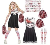 ZeiLaBang Kakadi Halloween Cheerleader Costume, Zombie Cheerleader Costume with Pompoms, Bloody Stockings, Tattoo Stickers, Scary Bloody Cheerleader Costume for Halloween, Scary Party, Cosplay