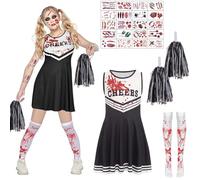 ZeiLaBang Kakadi Halloween Cheerleader Costume, Zombie Cheerleader Costume with Pompoms, Bloody Stockings, Tattoo Stickers, Scary Bloody Cheerleader Costume for Halloween, Scary Party, Cosplay