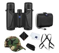 Zeiss 10x25 Terra ED Compact Binocular For Bird Watching (Black) with Waith Binocular Comfort Carrying Harness Strap, Adjustable Camo Baseball Hat and Waith Microfiber Lens Cleaning Cloth (Bundle Set)