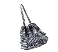 [Zeizafa] Creative Plaid Pattern Shoulder Bag Ruffle Detail Large Capacity Underarm Bag Handbag Shopping Travel Canvas Handbag, Black